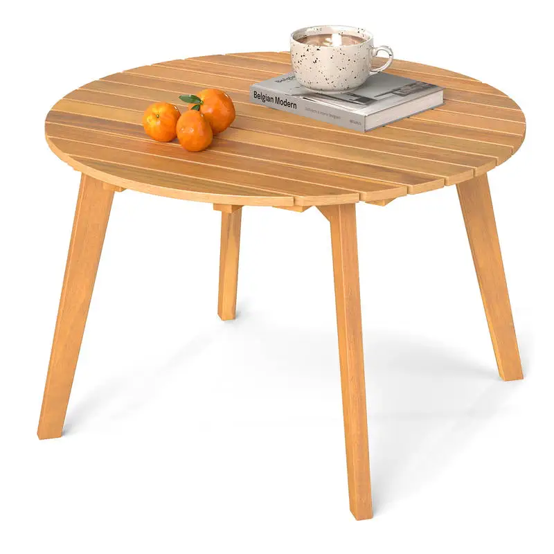 Round Acacia Wood Outdoor Side Table, Slatted Top with X-Frame Reinforcement, Durable Patio Garden Furniture for Balcony