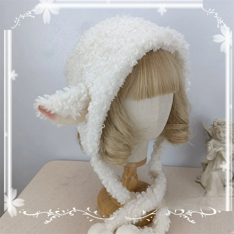 

Универсальная шапка с овечьими ушками, милая и милая шапка с мехом ягненка, шапка в стиле Лолиты, защита ушей, шапка Lei Feng, осень и зима