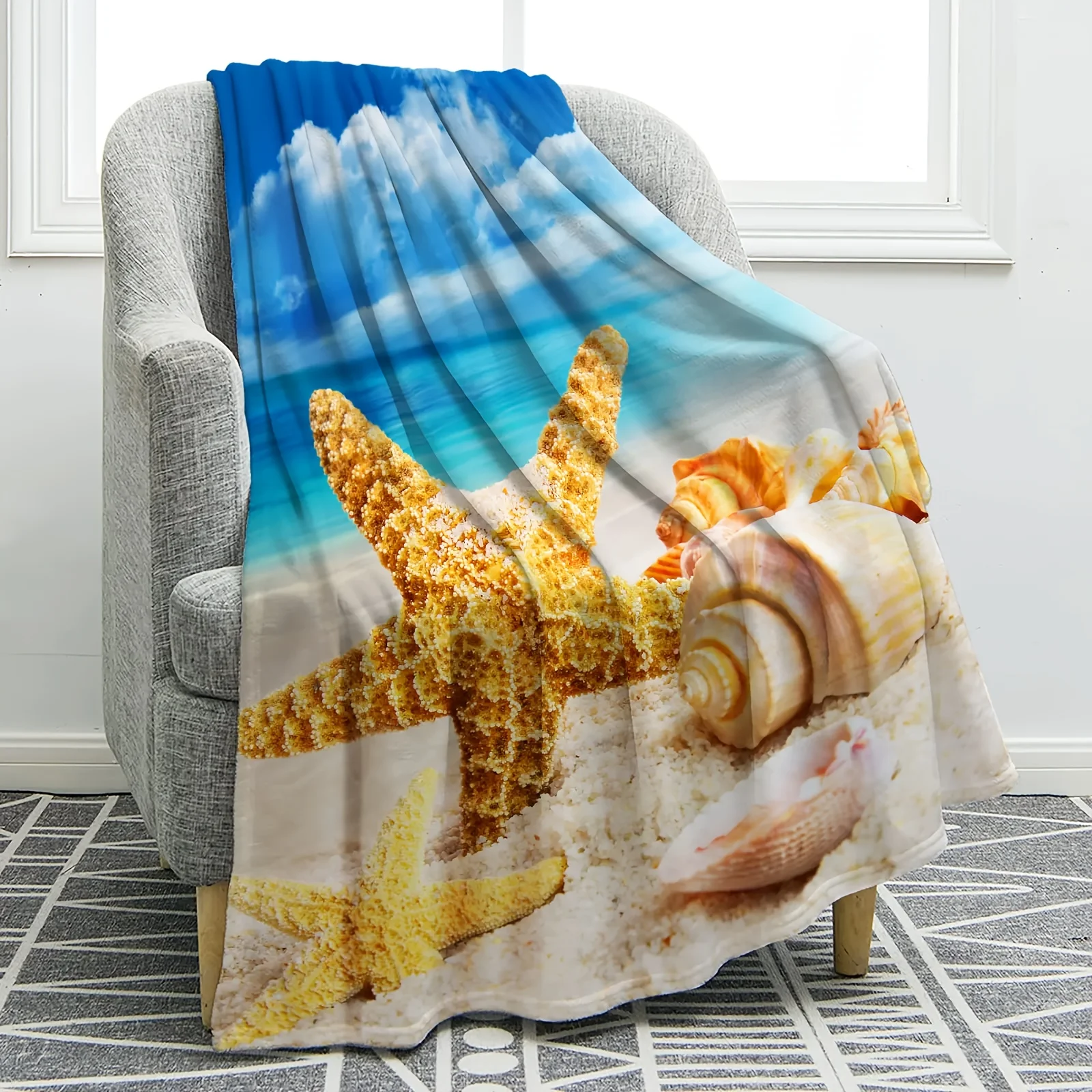 Coastal Decor Blanket with Starfish Design Soft Lightweight for Sofa Bedroom Bring Beach Vacation Vibe Home