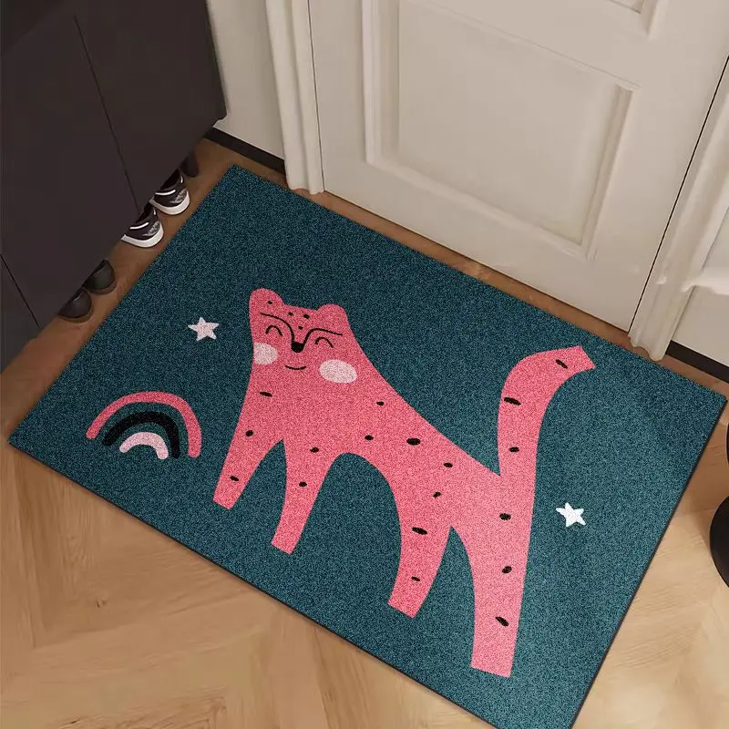 VIKAMA Pink Leopard Cat Doormat Teal Rainbow Star Welcome Mat Non Slip Soft Floor Rug for Front Door Entryway Cartoon Animal