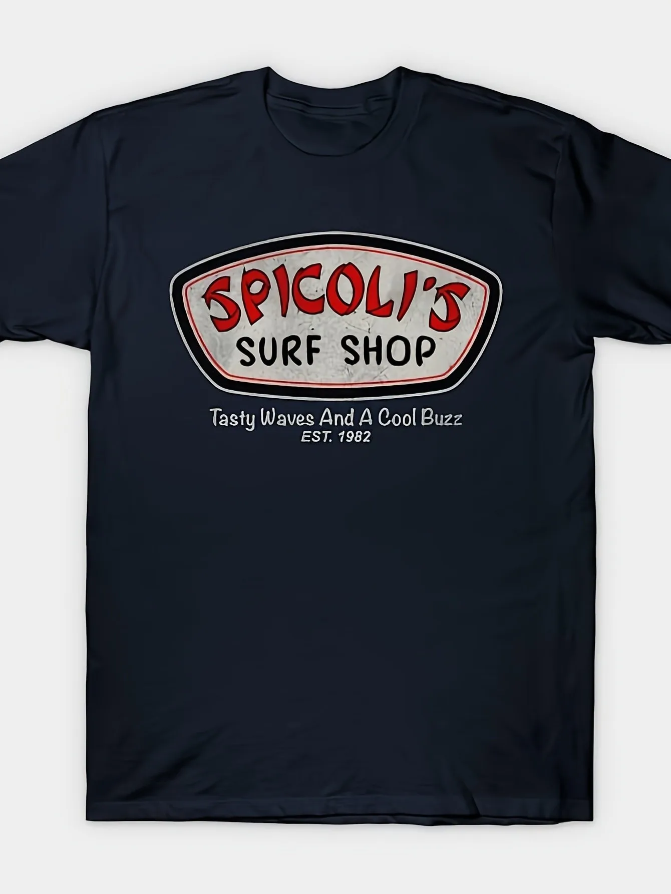2026 Spicoli's Surf Shop Men's Vintage California Surf Shirt - Navy Blue Retro Beach Tee with 