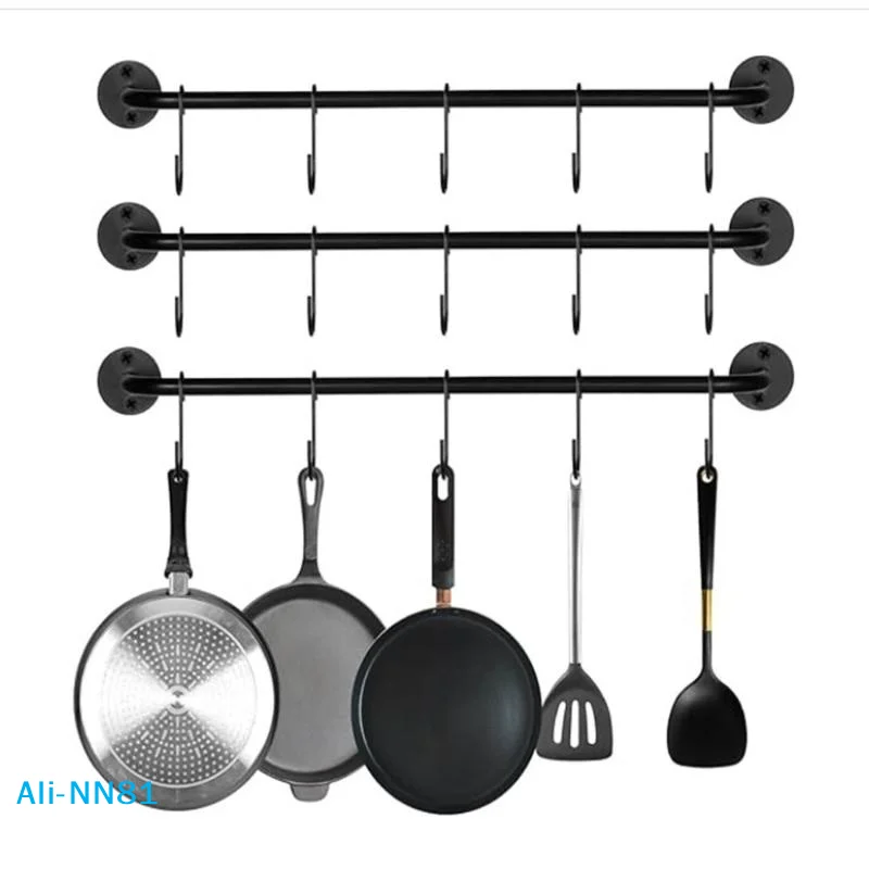 【N】Wall Mounted Metal Coffee Cup Holder 6 Hooks Rustic Black For Kitchen Restaurant Coffee Bar