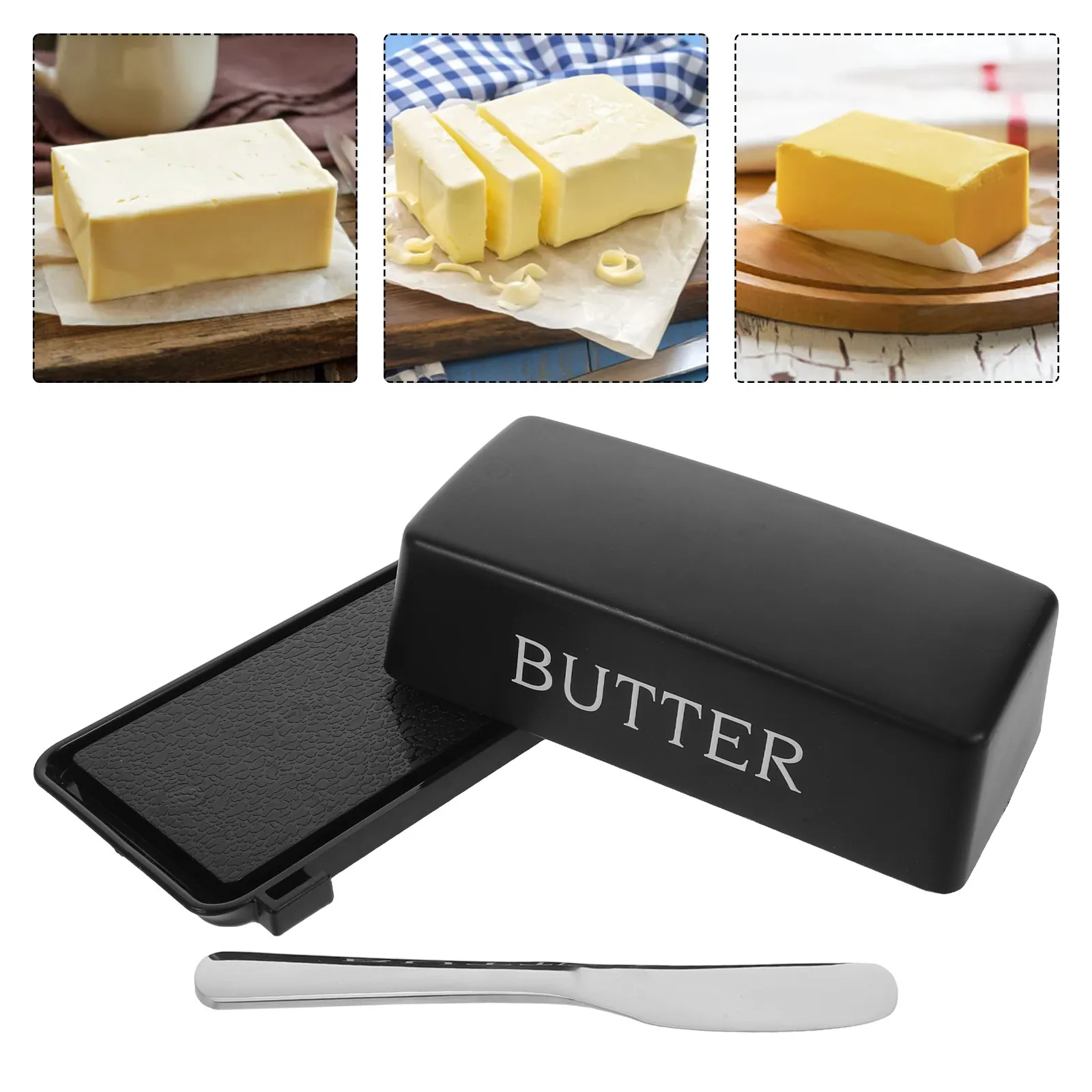 

Spacious Butter Keeper Tray with Lid and Knife - Airtight Plastic Butter Dish for Kitchen Countertop Or Refrigerator Use