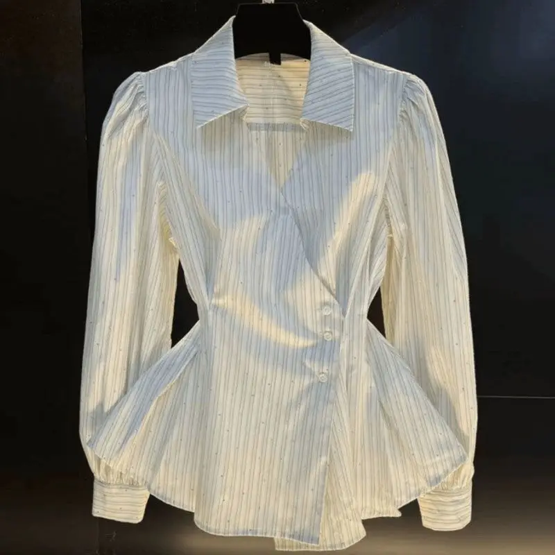 2026 New Spring Women's French Style Striped Long Sleeve Blouse Elegant Polo Turn Down Collar Slim Fit Top With Dress Hem Design