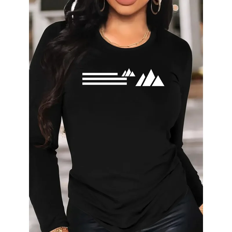 Women's Long Sleeve T-Shirt Minimalist Mountain Geometric Print Crew Neck Casual Slim Fit Tops
