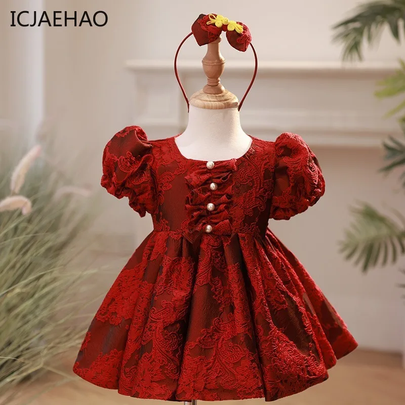 Children Birthday Baptism Clothes For Kids Flower Girl Lace Dress Elegant Bow Frocks Boutique Party Wear Red Ball Gown 2024