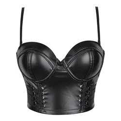 Women Faux Leather Push Up Overbust Corset Gothic Black Leopard Corselet Crop Top Bustier Bra with Straps Fashion Streetwear