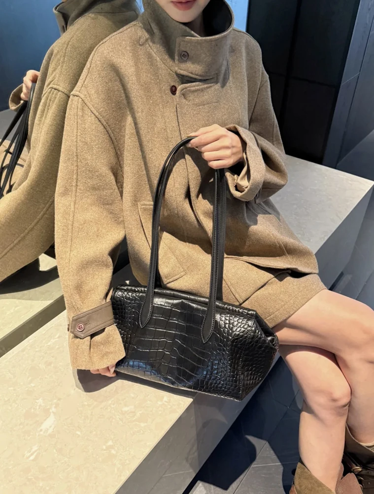 SHELKSBAG Women Crocodile Pattern Shoulder Bag Large Capacity Vintage Genuine Leather Tote Bag Rectangular Underarm Handbag