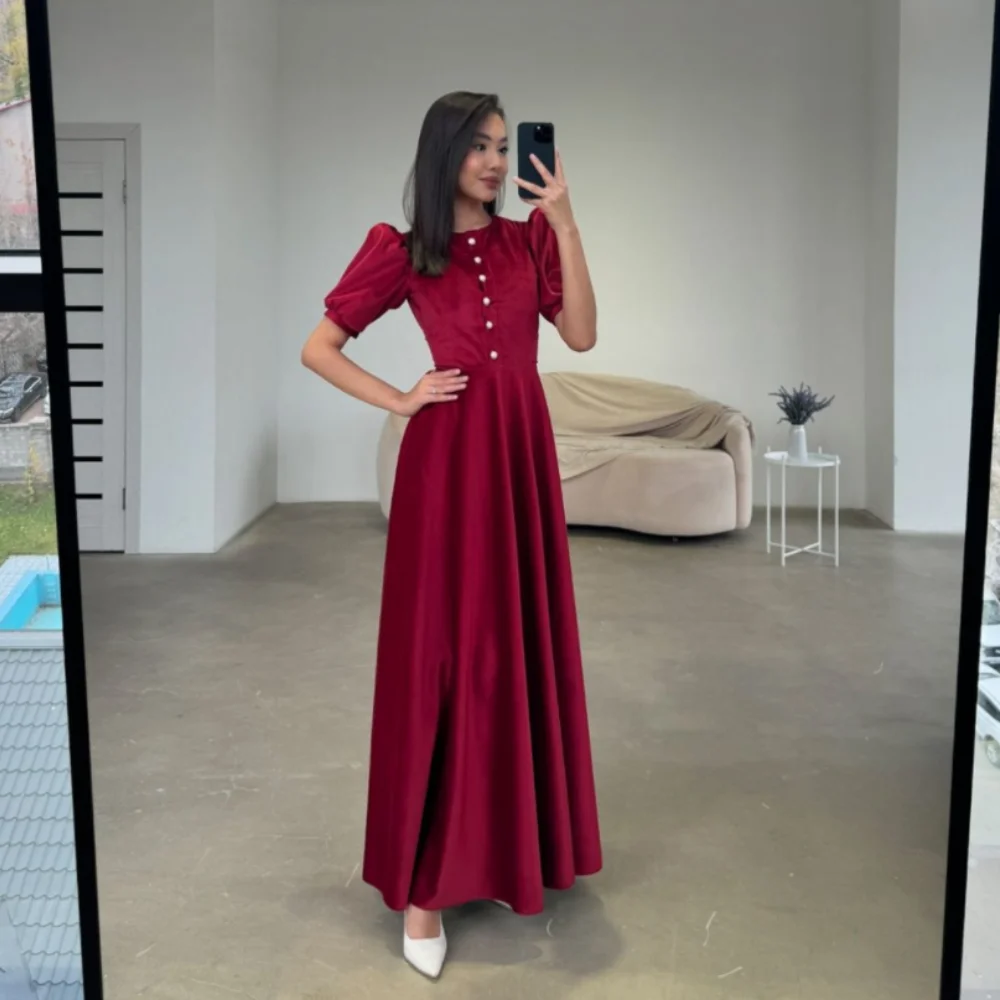 

Customized A-line Button Knot Prom Dresses Draped O-Neck Fold Evening Dresses Pleat Anke length Party Dresses