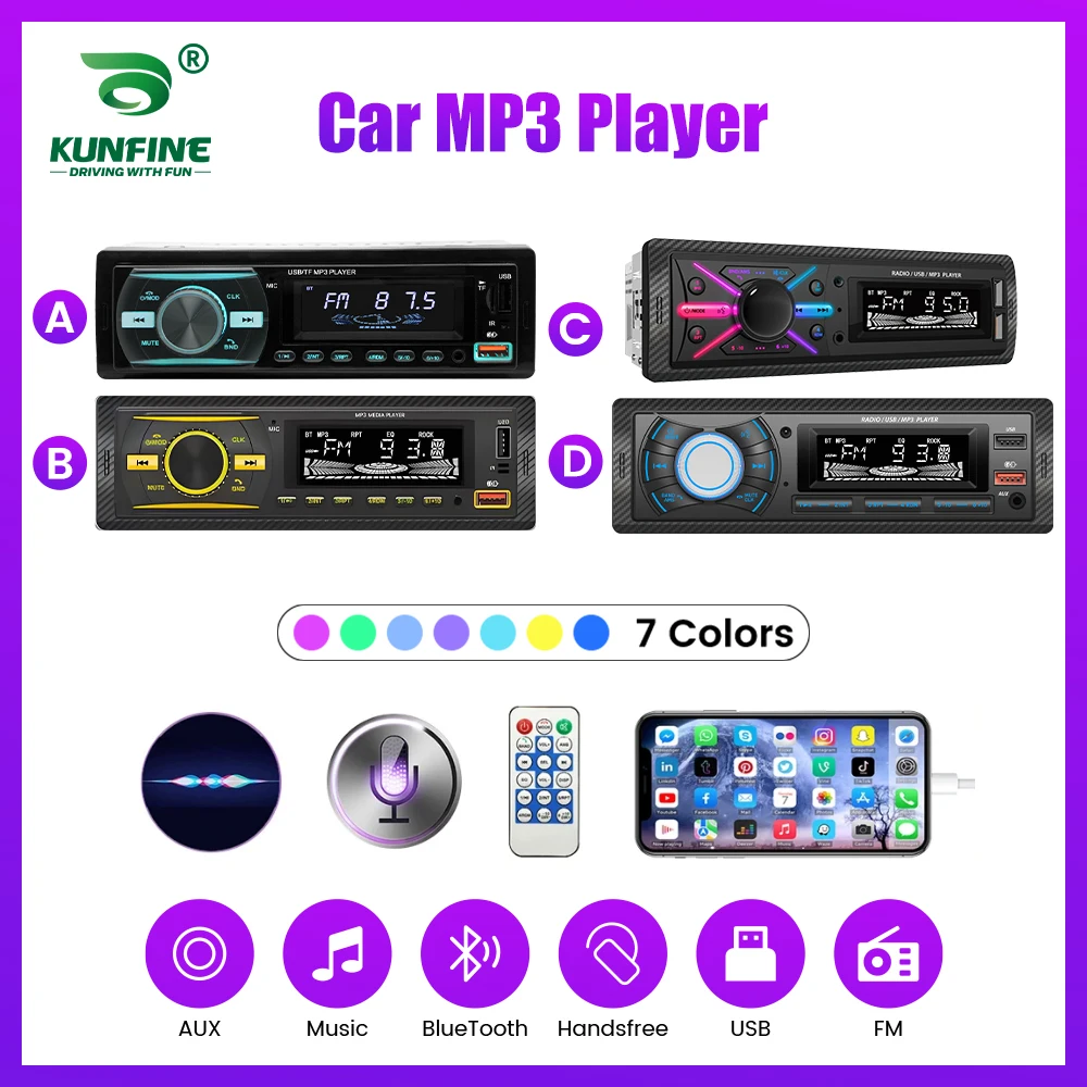 1 Din Car MP3 Player Bluetooth Handsfree Calling FM Radio Stereo 7 Color LED Backlight USB AUX Music Audio Head Unit With Remote