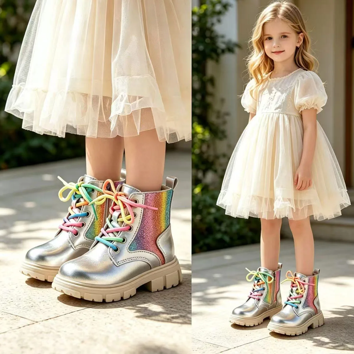 Girls Rainbow Ankle Boots Kids Shoes Patent Leather Lglitter Ace Up Zip Boot Children 2026 Autumn Shoes Balck with Sliver 26-36