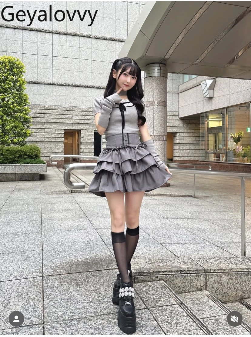 

Summer New Versatile Elastic High Waist Gray Short Skirt Sweet Cute Girls Bow Tie Lace Trim Patchwork Mini Skirts Shorts