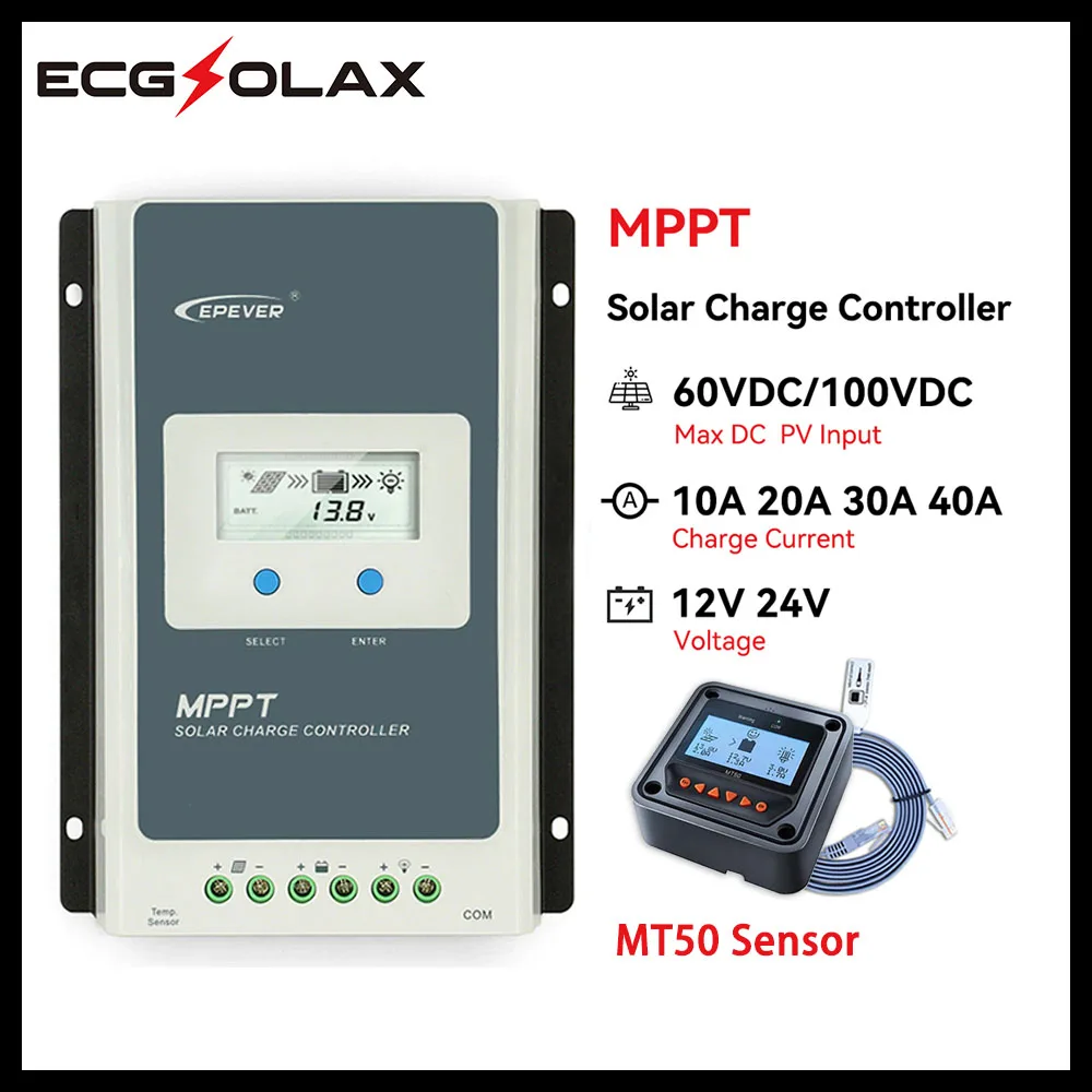Epever Controlador de Carga Solar 40a 30a 20a 10a Mttp 12v 24v Auto Solar Panel Regulator With Mt50 Remote Meter Tracer 4210an