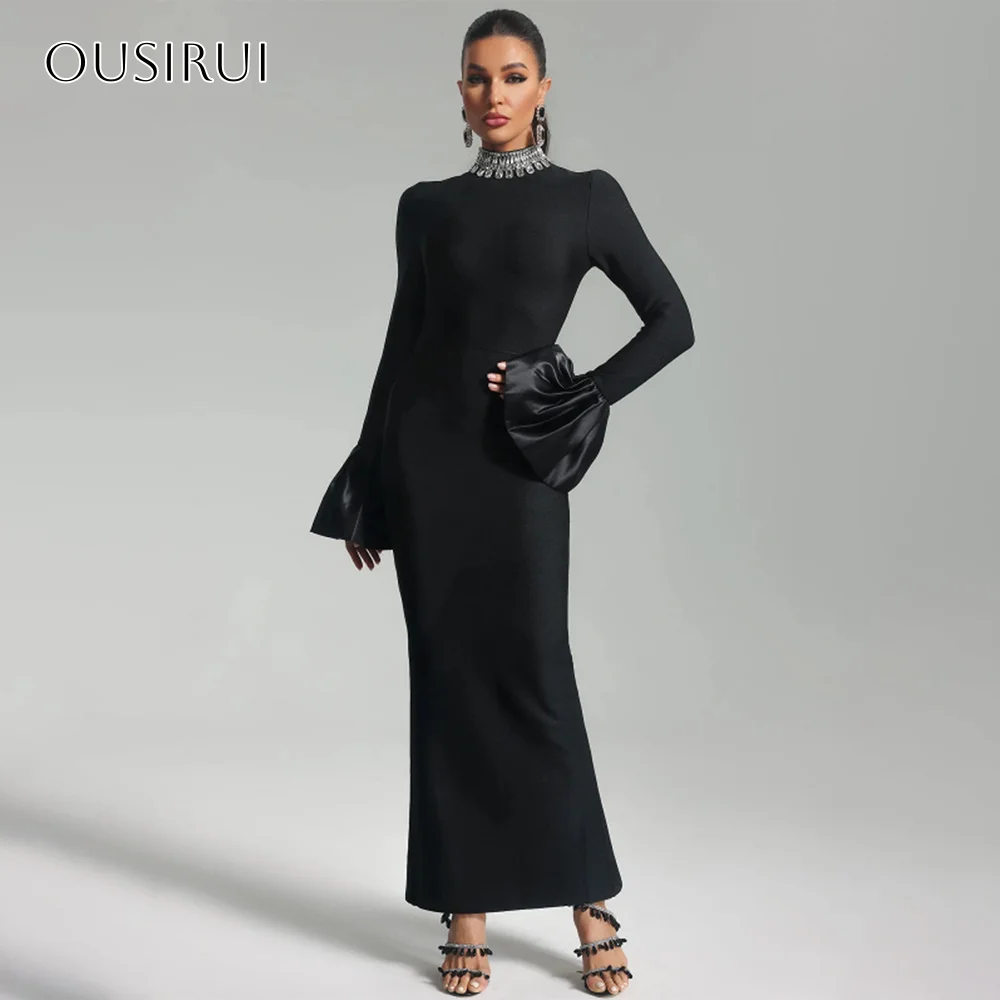 

High-neck Puffy Long Sleeves Sheath Satin Homecoming Gowns Ankle Length Split Party Wear Customized 원피스