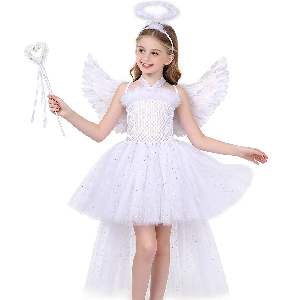 HJTT White Angel Costume for Girls Sparkly High Low Tulle Tutu Dress Ball Gown Kids Halloween Birthday Party Princess Dress Up
