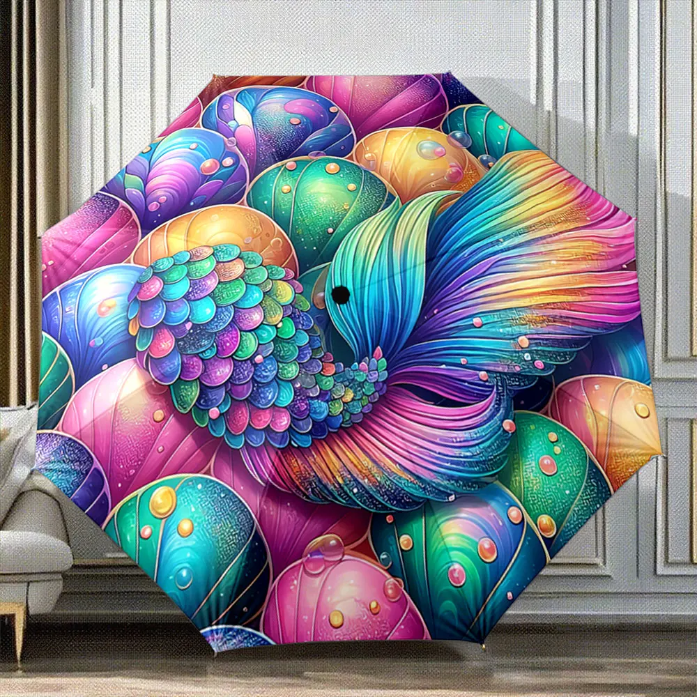 "Colorful Fish and Seashells Art Design Umbrella - Ocean Style" Portable Folding Umbrella, Gift for Family And Friends