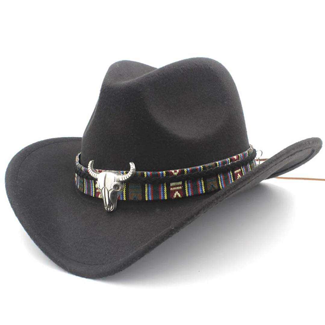 Classic Western Cowboy Cap Cowgirl Hats for Men Women Cattleman Fedoras with Bull Skull Braided Band Belt