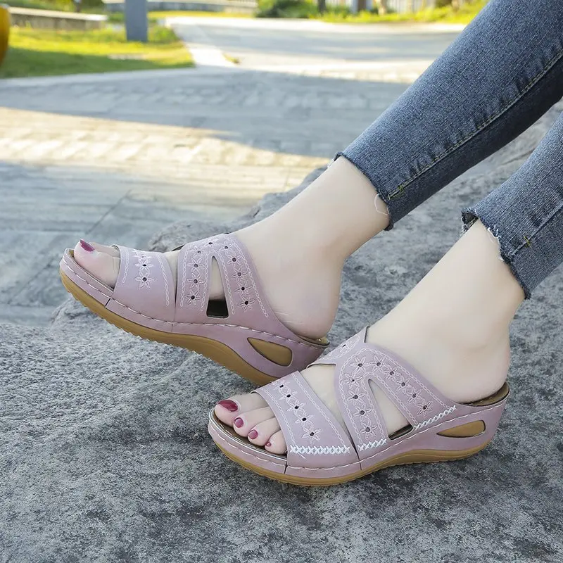 Summer Women Leather Wedge Sandals Premium Orthopedic Open Toe Slippers Vintage Anti-Slip Casual Female Platform Retro Shoes