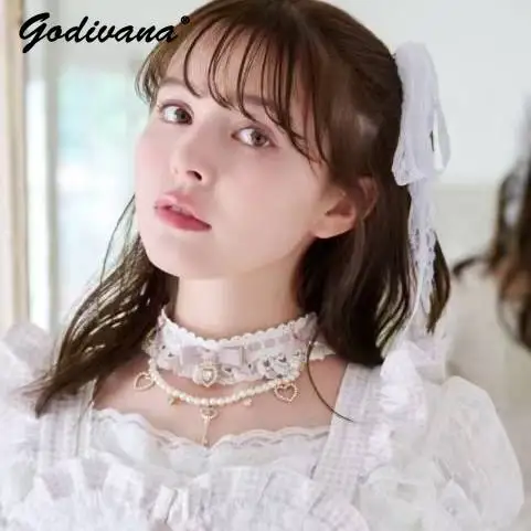 Japanese style sweet cute lolita lace rhinestone bow ruffle choker lolita pearl necklace girls women's collar necklace