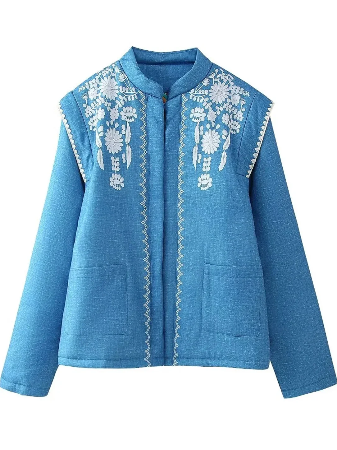 Faionable rond Ne Long Sve imprimé Denim couleur coton Jaet femmes automne hiver nouveau Sle ethnique Sle vêtements d'extérieur