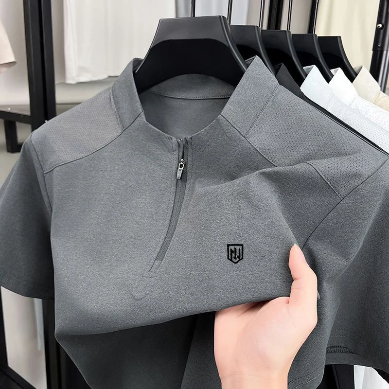 2025 summer new men's stand-up collar zipper Polo shirt South Korea short sleeve leisure business fashion slim men's golf shirt