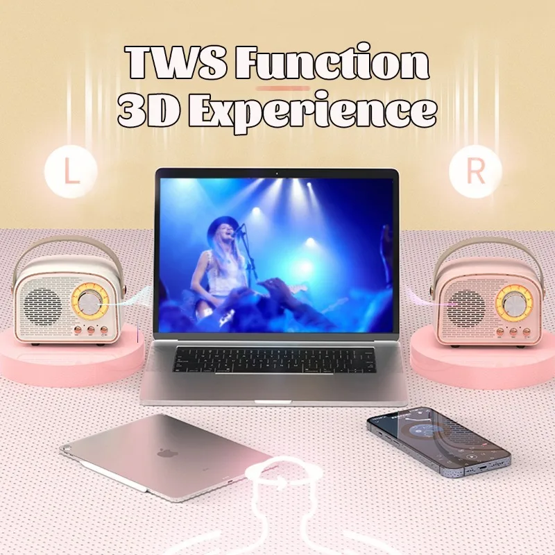 ريترو راديو صغير محمول استقبال FM TWS ستيريو سمّاعات بلوتوث لاسلكي مشغل موسيقى كلاسيكي TF/AUX/USB MP3 مع ميكروفون