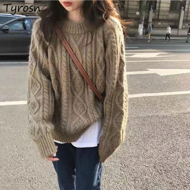 Autumn Winter Women Pullover Sweaters Vintage Twist O-neck Jumper Japanese Style Retro Lazy Elegant Glutinous Knitted Pullovers