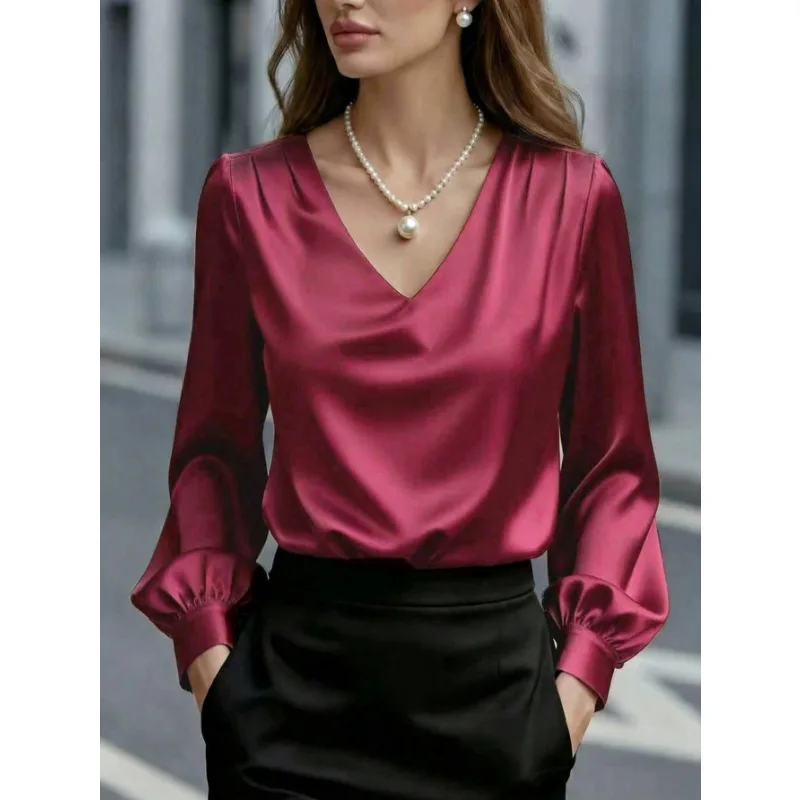 Women French Elegant Satin Long Sleeve Blouse V Neck Puff Cuff Casual Office Commuter Gentle Style Solid Color Shirt