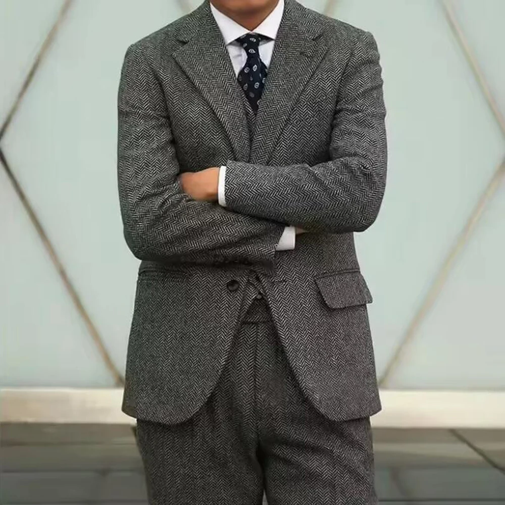 

Elegant Business Suits Men Tweed Wool Blend Herringbone Prom Blazers Customized Groom Wedding Tuxedos 3 Pieces Jacket Vest Pants