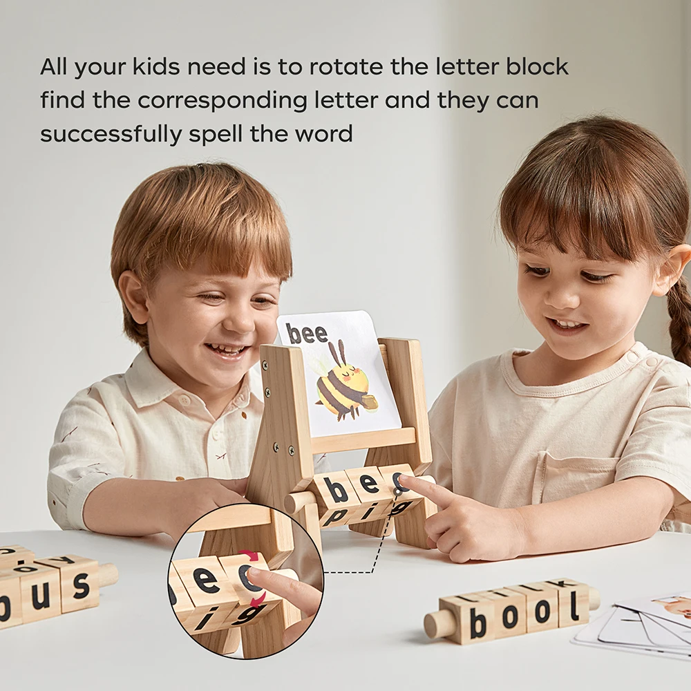 Bc Babycare Wooden Reading Blocks Short Vowel Rods Spelling Games Kids Montessori Rotating Letter Puzzles Preschool Toys for 3Y