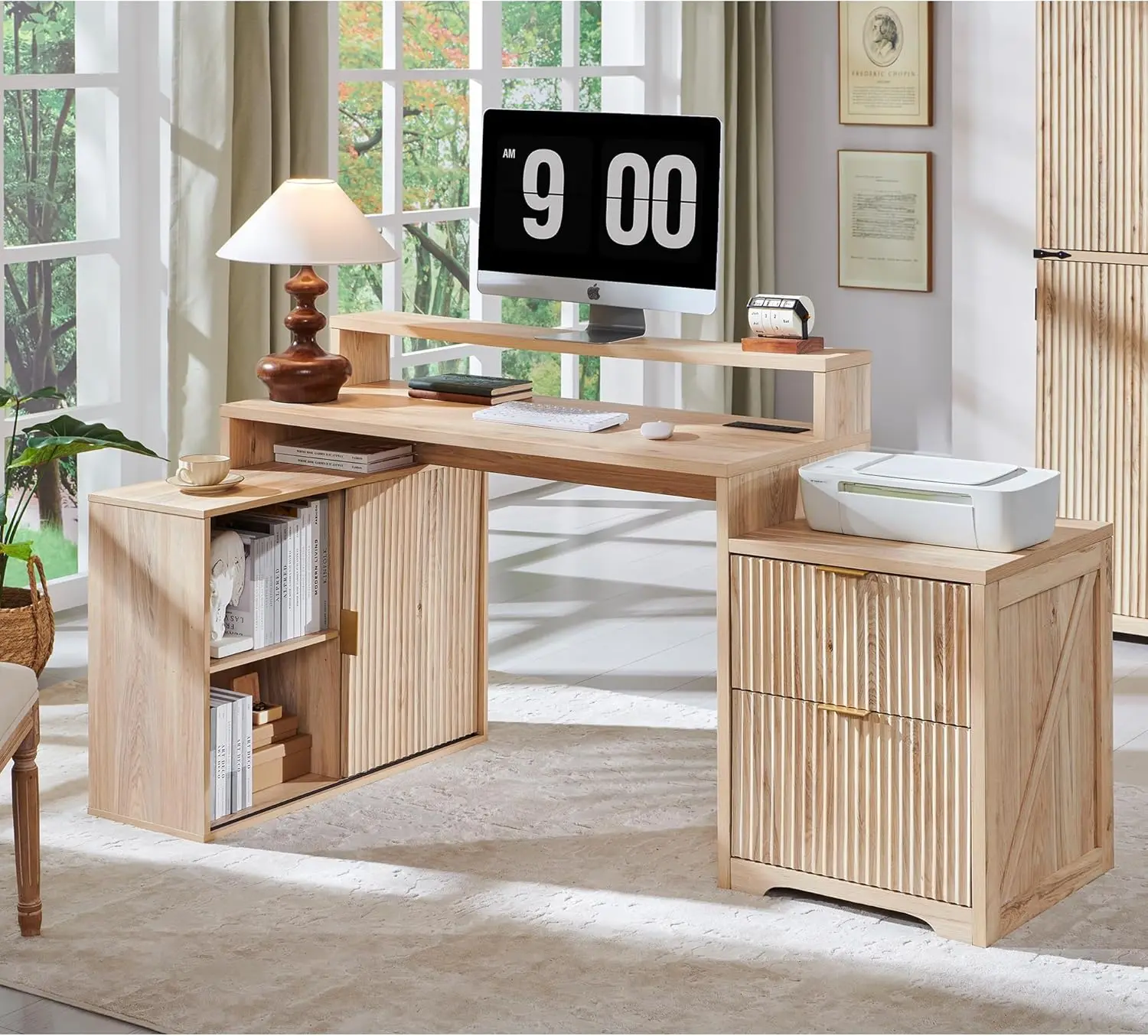

67" Modern L Shaped Desk with Storage Cabinet & Drawers, Wood Home Office Desk with Power Outlets, Fluted Computer