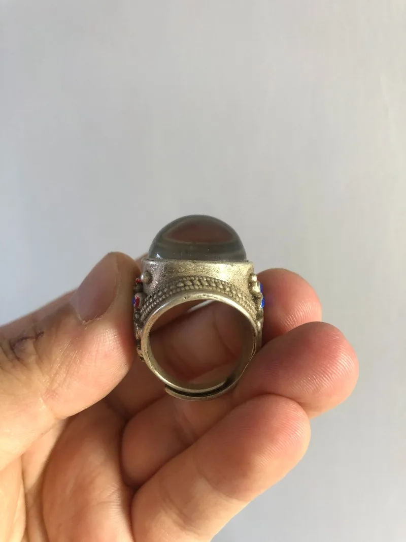 Retro Men Statement Ring, Repatriated Old Silver Cloisonne Inlaid Color‑Changing Gemstone Adjustable Band Hand Accessory