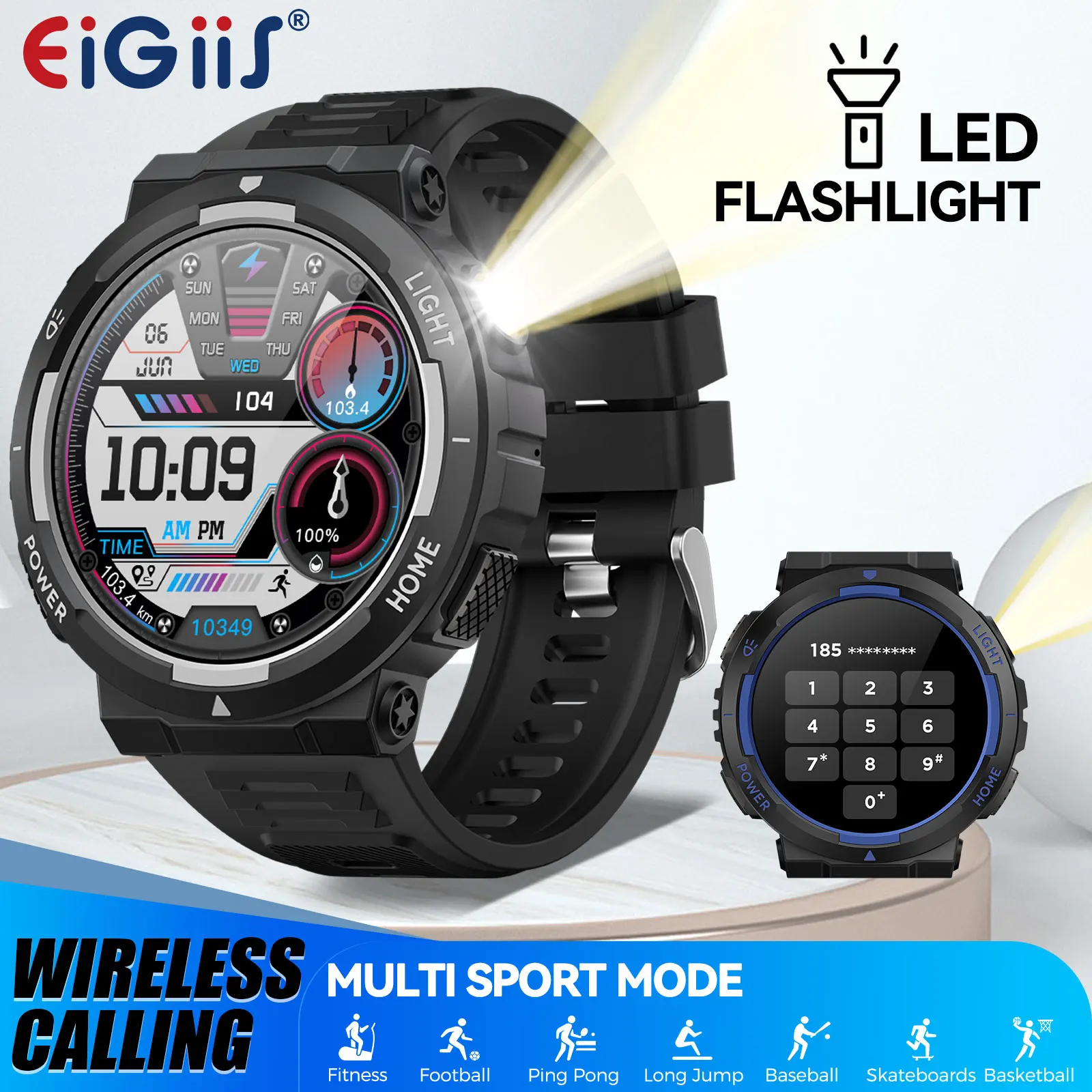 

EIGIIS Smart Watch Men 3ATM Waterproof 1.53" KT75 Outdoor Sports With LED Flashlight Health Monitoring Bluetooth Call Camouflage