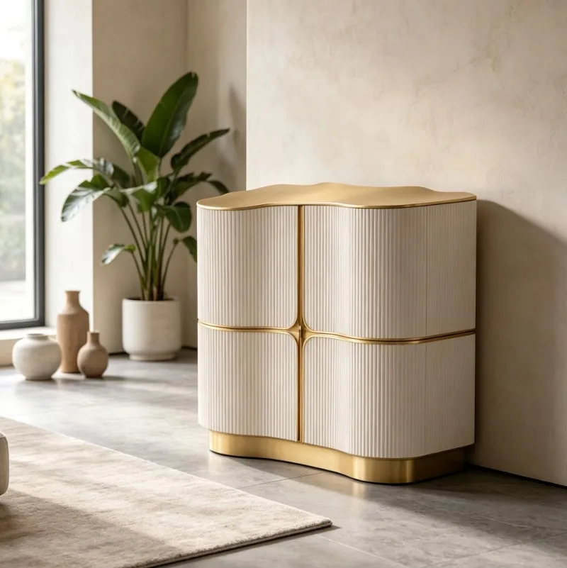 Wave Curved Side Cabinet Gold Matte White Side Cabinet Living Room Storage