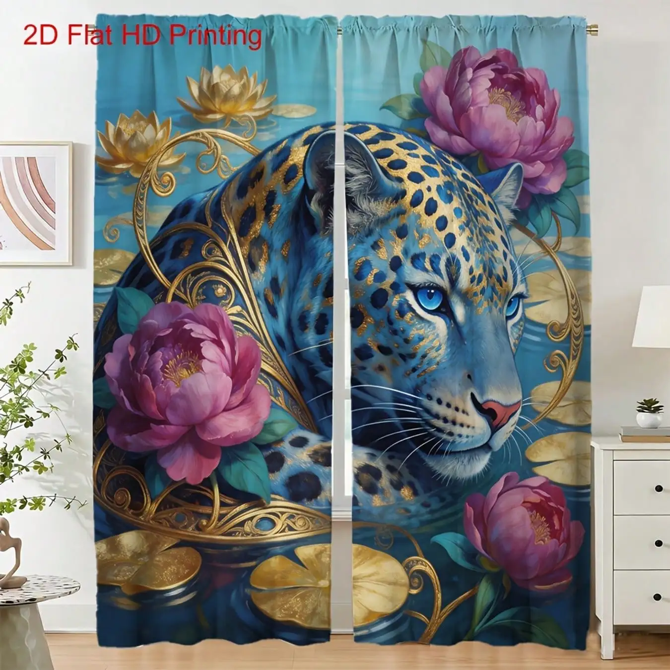 2pcs Curtains, Surreal Fantasy Style With Golden Accents, Semi-Transparent, Rod Pocket Top, Suitable For Spring Decor