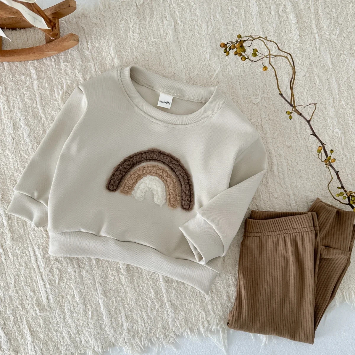 Infant Baby Casual 2Pcs Set 3D Rainbow Applique Sweatshirt Solid Waffle Texture Trousers Daily Wear Outfit
