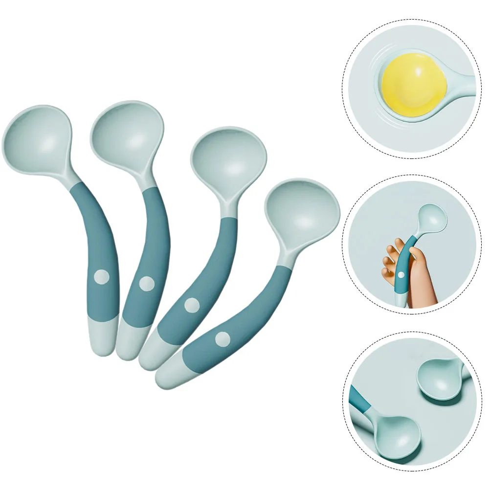 

4 шт., детская обучающая ложка для еды для новорожденных, полипропилен, материал из ТПЭ, изогнутая ручка, гладкие, безопасные, обучающие ложки для кормления