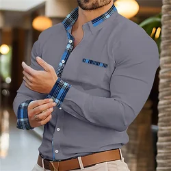 New men's business casual lapel pocket button splicing shirt for daily vacation comfort, soft fabric designer street shirt 2024