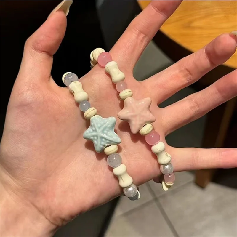 Koreanische süße Keramik-Seestern-Armbänder für Frauen und Mädchen, handgefertigt, rosa, blau, Perlenarmband, ästhetischer Y2K-Schmuck, Freundschaftsgeschenk