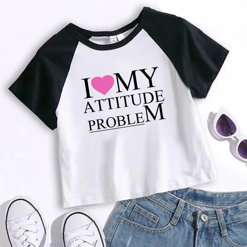 Imagem -03 - Mulheres Y2k Crop Tops eu Amo Atitude Problema T-shirts Carta Impressa Estética Casual Manga Curta Streetwear Baby Tee Grunge