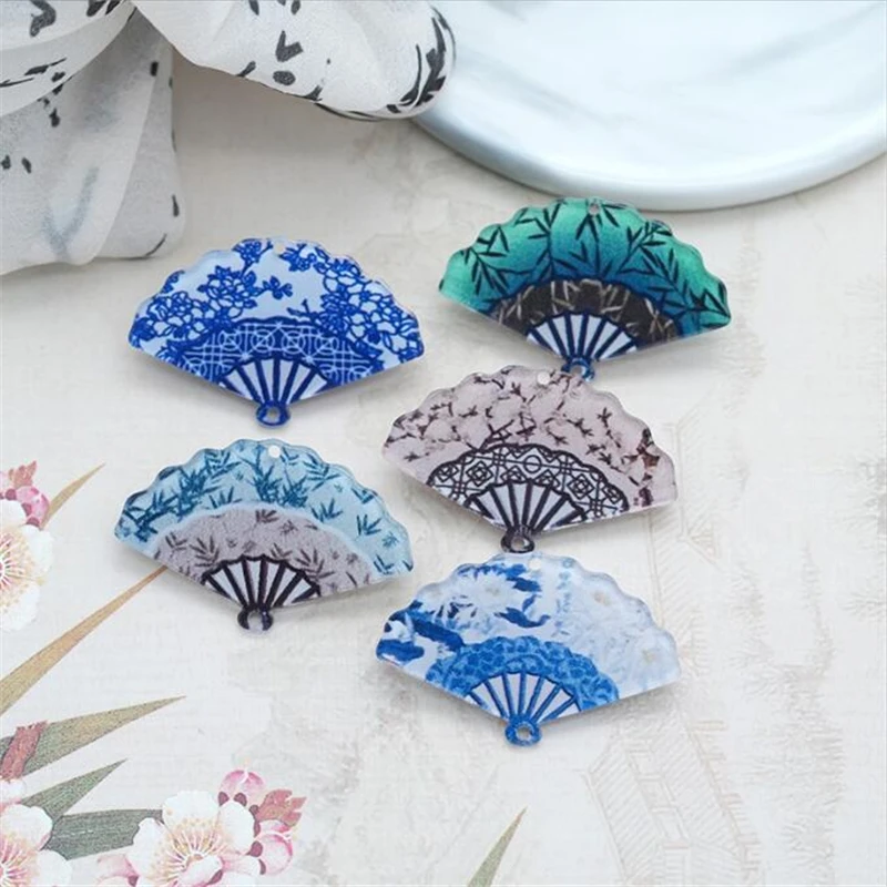 10Pcs/lot New Resin Double Hole Print Fan Charms Acrylic Beads Connectors Diy Ornament Biżuteria do włosów Akcesoria do tworzenia biżuterii