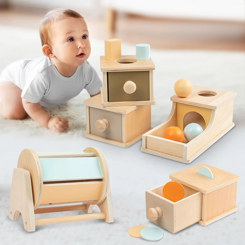 Wooden Montessori Toys Macaroon Spinning Drum Match Coin Box Permanent Box Round Rectangular Box Kids Sensory Toy For Baby Gifts