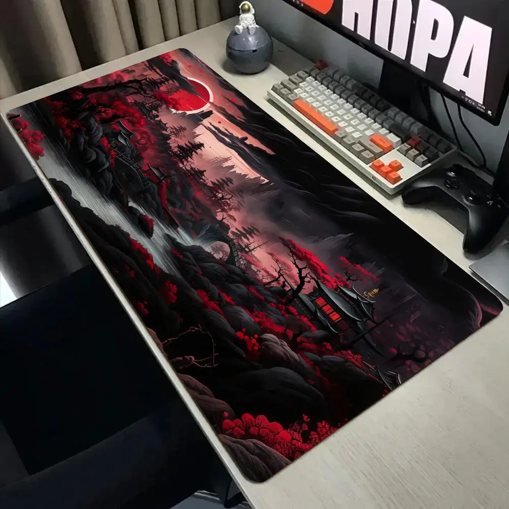 Ukiyo-e Red Moon Landscape Mouse Pad Desk Mat with Stitched Edge xxl mousepads Rubber Anti-slip gamer Keyboard Rug gaming mats