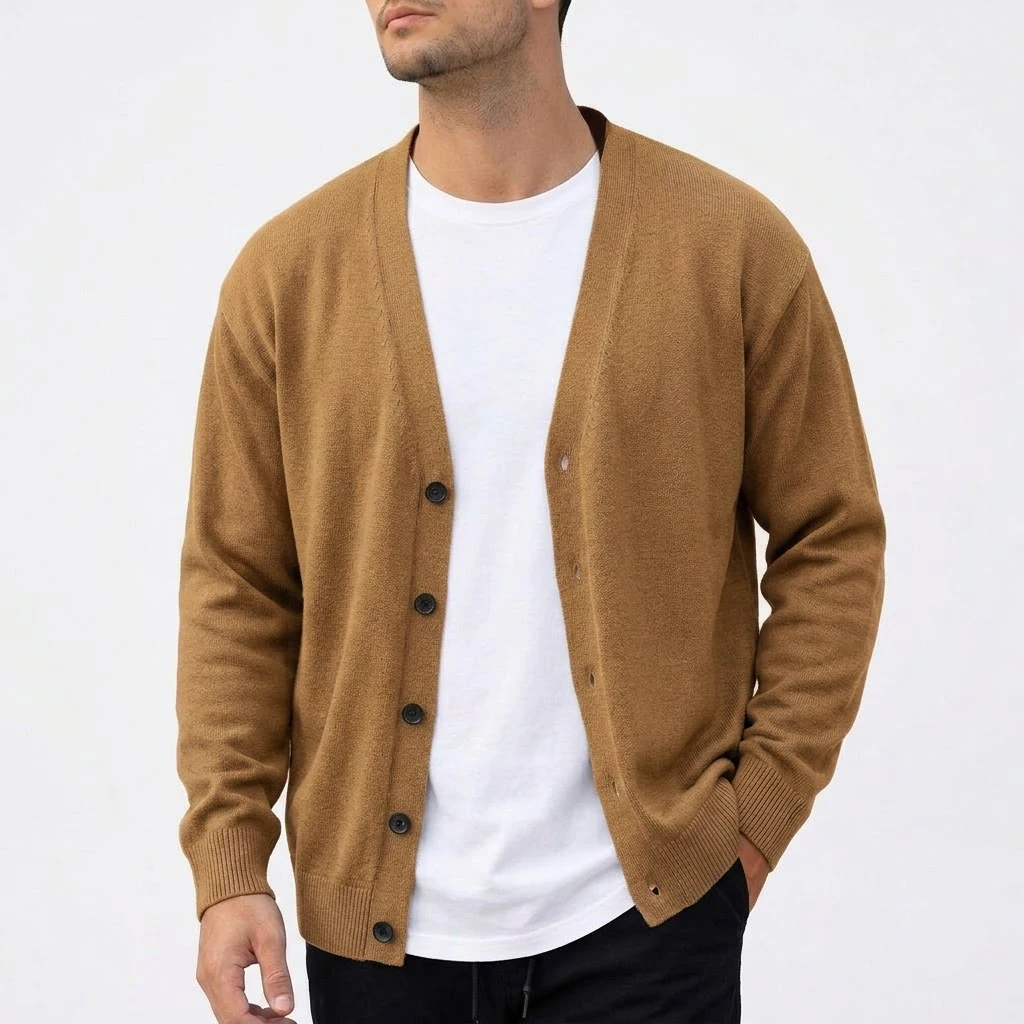 Outdoor-Herren-Strickjacke mit V-Ausschnitt, langen Ärmeln, einfarbig, lässige Sportbekleidung, geknöpfter Strickmantel. – Detail 12