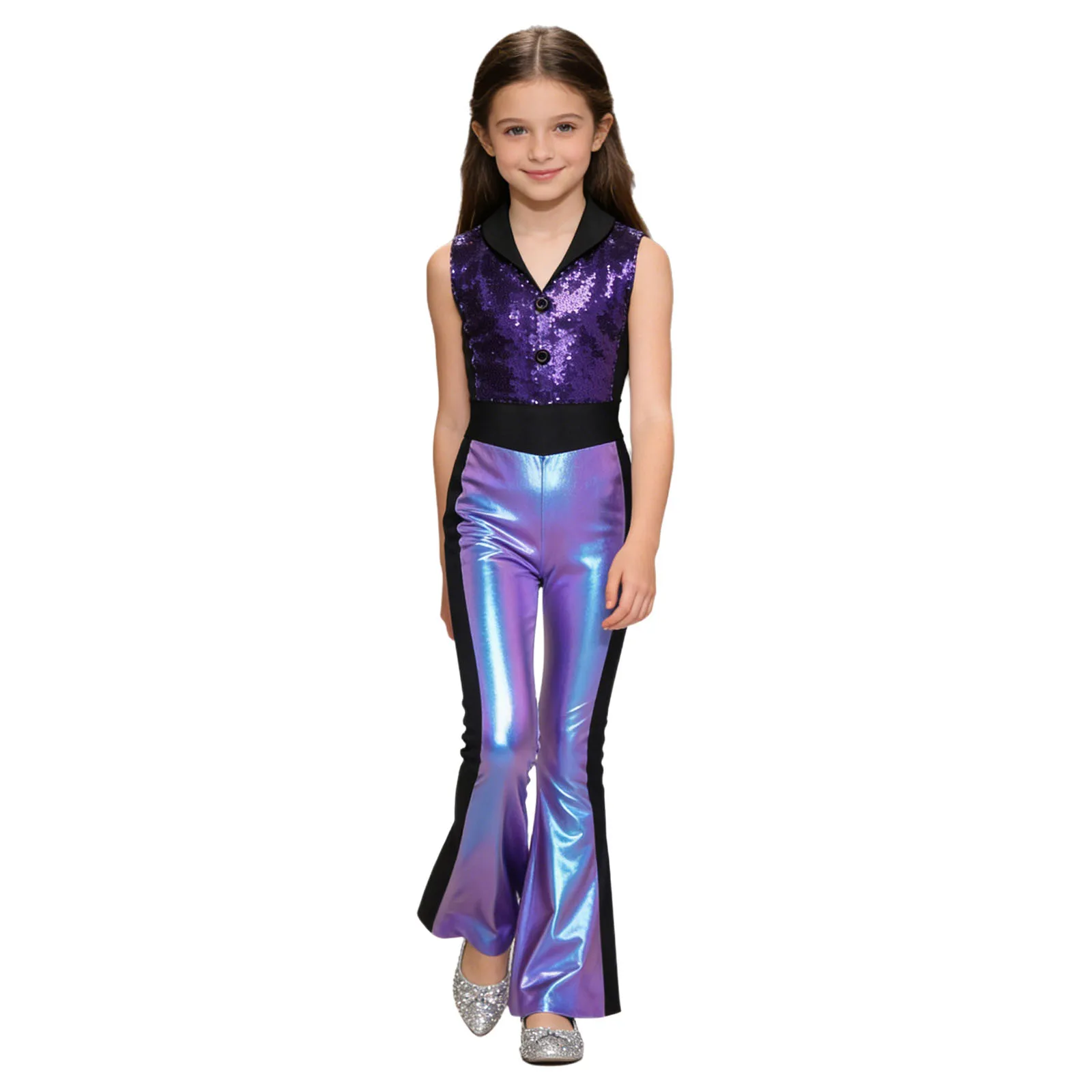 Kids Girls Lapel Sequined Bell Bottom Jazz Dance Party Costume 70s Disco Outfit Flared Jumpsuit Metallic Shiny Rompers Bodysuit view 6
