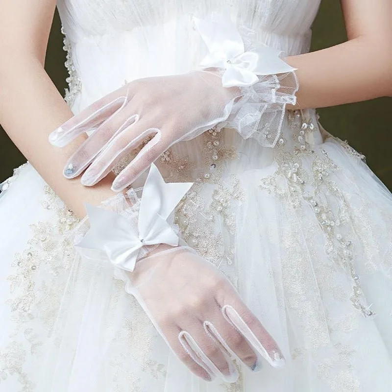 Luvas De Casamento De Malha Curta, Luvas De Flor De Cinco Dedos De Renda, Inclui Vestido De Noiva