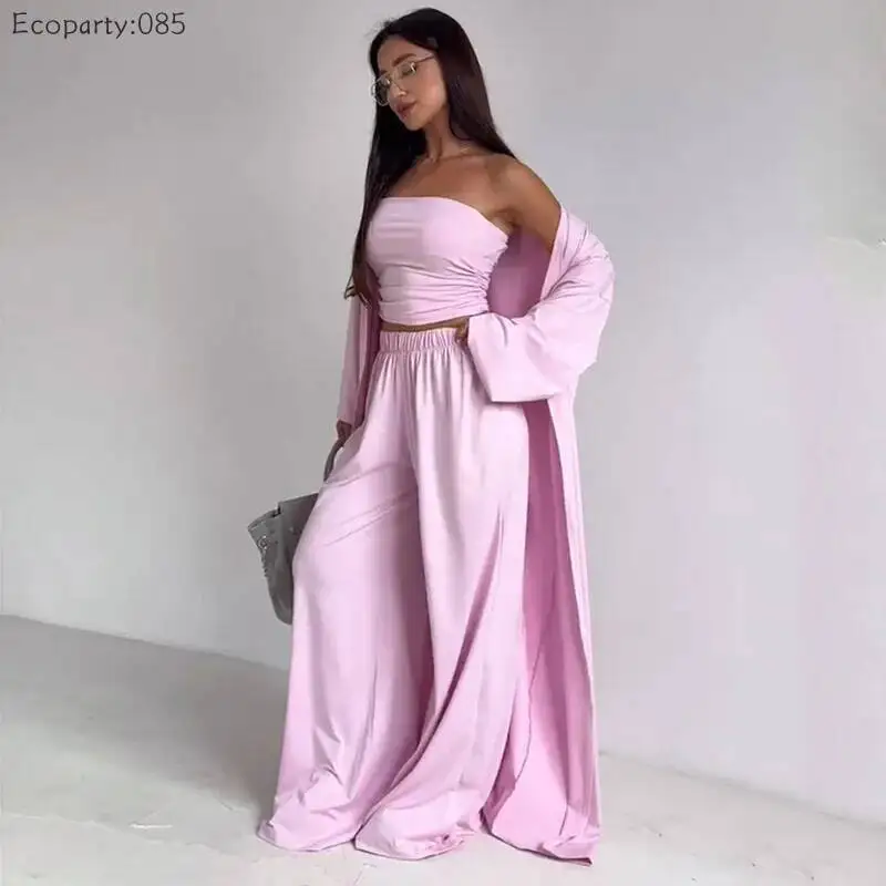 

Summer Women's Clothing Casual 3Pcs Strapless Vest Long Cardigan Wide-Leg Pants Suit Lady Elegant Office Wear Outfits for Female