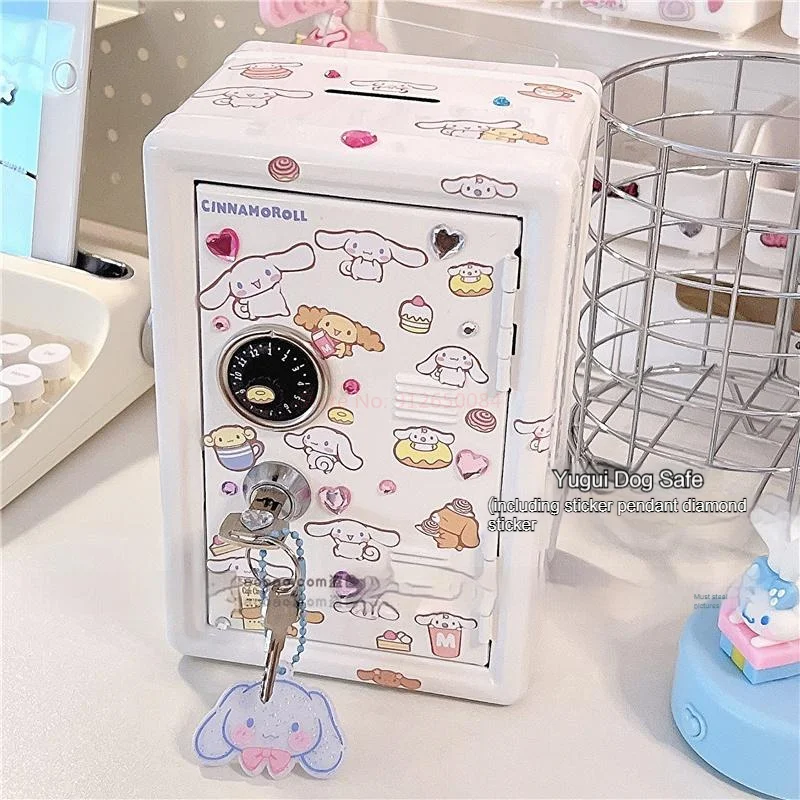 New Sanrio Cute Kawaii My Melody Cinnamoroll Wrought Iron Safe Piggy Bank Anime Girl Heart Cute Sticker Storage Key Cabinet Gift