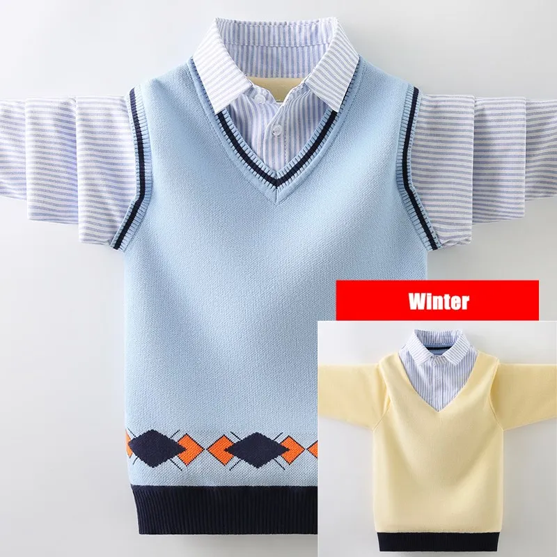 Boys School Uniform Turn Collar Vest Sweater Kids Knitted Warm Casual Pullovers For Children 4-15 Years Autumn Winter Clothes