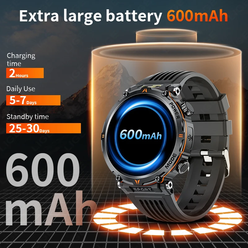 LIGE Men Smart Watch 600mah Battery LED Flashlight Compass Military Sports Watches Waterproof Bluetooth Call Smartwatch 2025 New